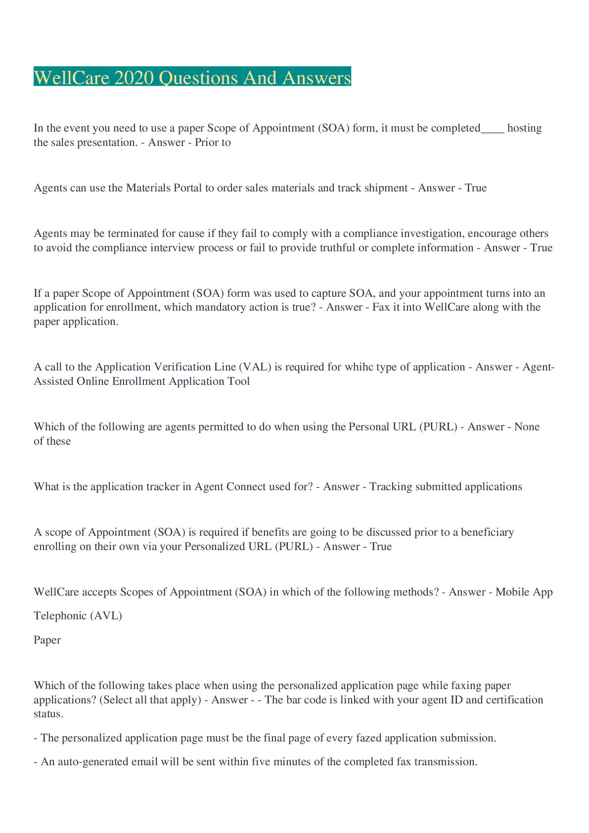 Preview image for WellCare 2020 Questions And Answers